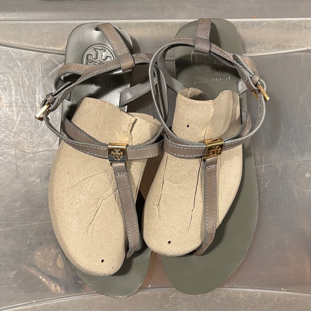 Tory Burch Taupe and Gold Sandals
